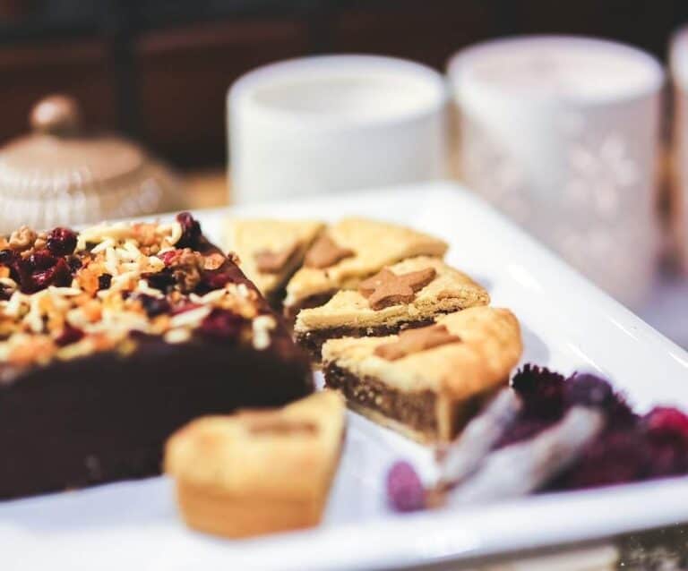 A close up of a slice of cake on a table