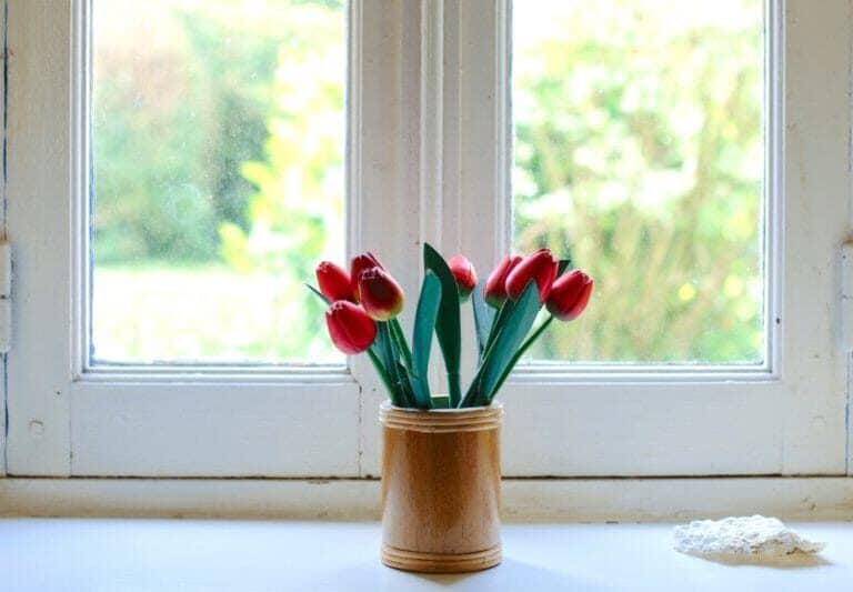 A vase of flowers sitting on a ledge in front of a window