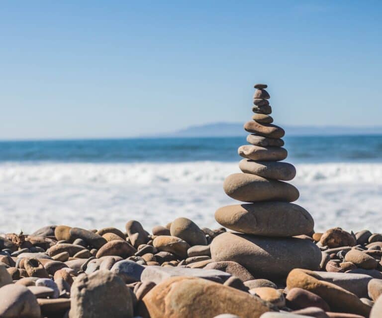 A herd of sheep standing on a rocky beach