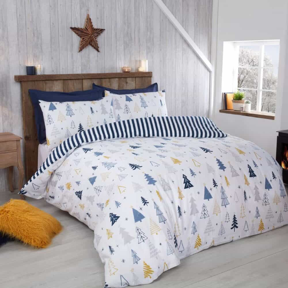 Oh Christmas Tree Navy Blue 100% Brushed Cotton Reversible Duvet Set